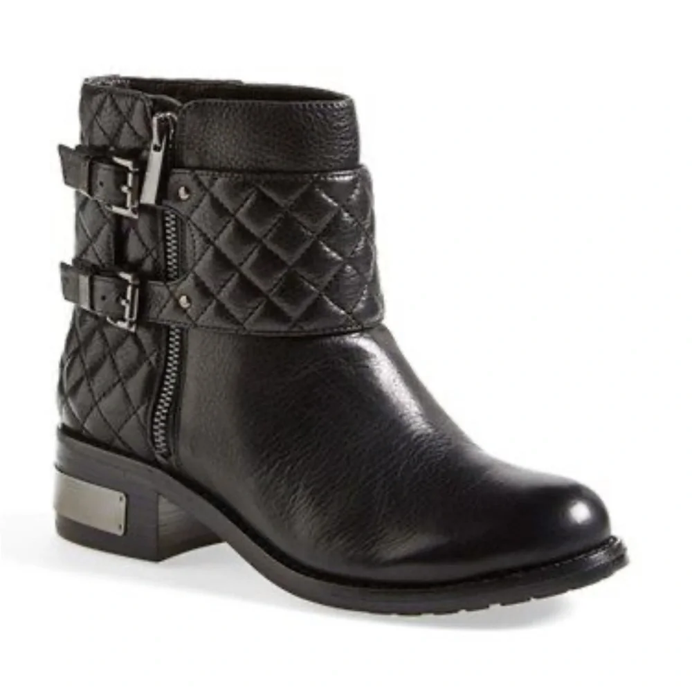 Vince Camuto Black Winta Burly Leather Quilted Detail Ankle Moto Boots Size 8.5M